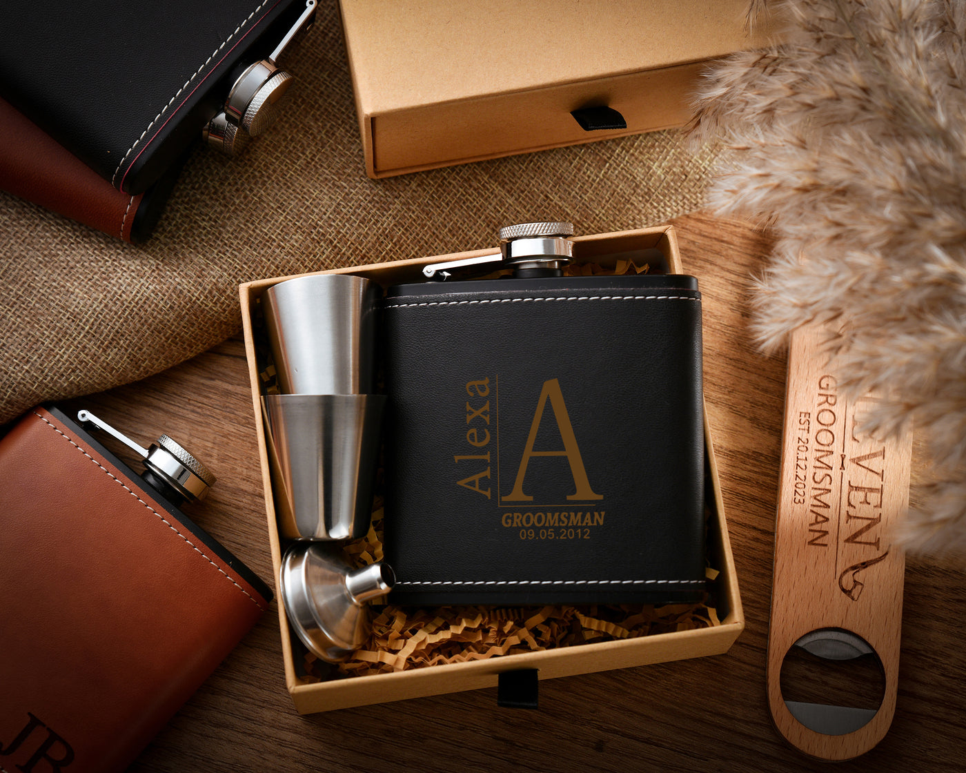 Luxury Personalized Flask Gift Set for Men, Engraved Leather Wrapped 6oz Stainless Steel Flask and Funnel, Groomsmen Flask