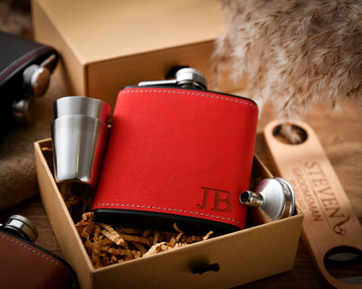 Luxury Personalized Flask Gift Set for Men, Engraved Leather Wrapped 6oz Stainless Steel Flask and Funnel, Groomsmen Flask