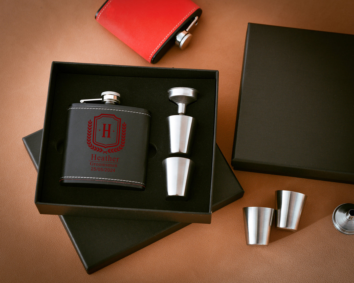 Classic Personalized Leather Stainless Steel Flask Set, Thoughtful Father of the Bride Gift - A Delightful Thank You from the Groomsmen