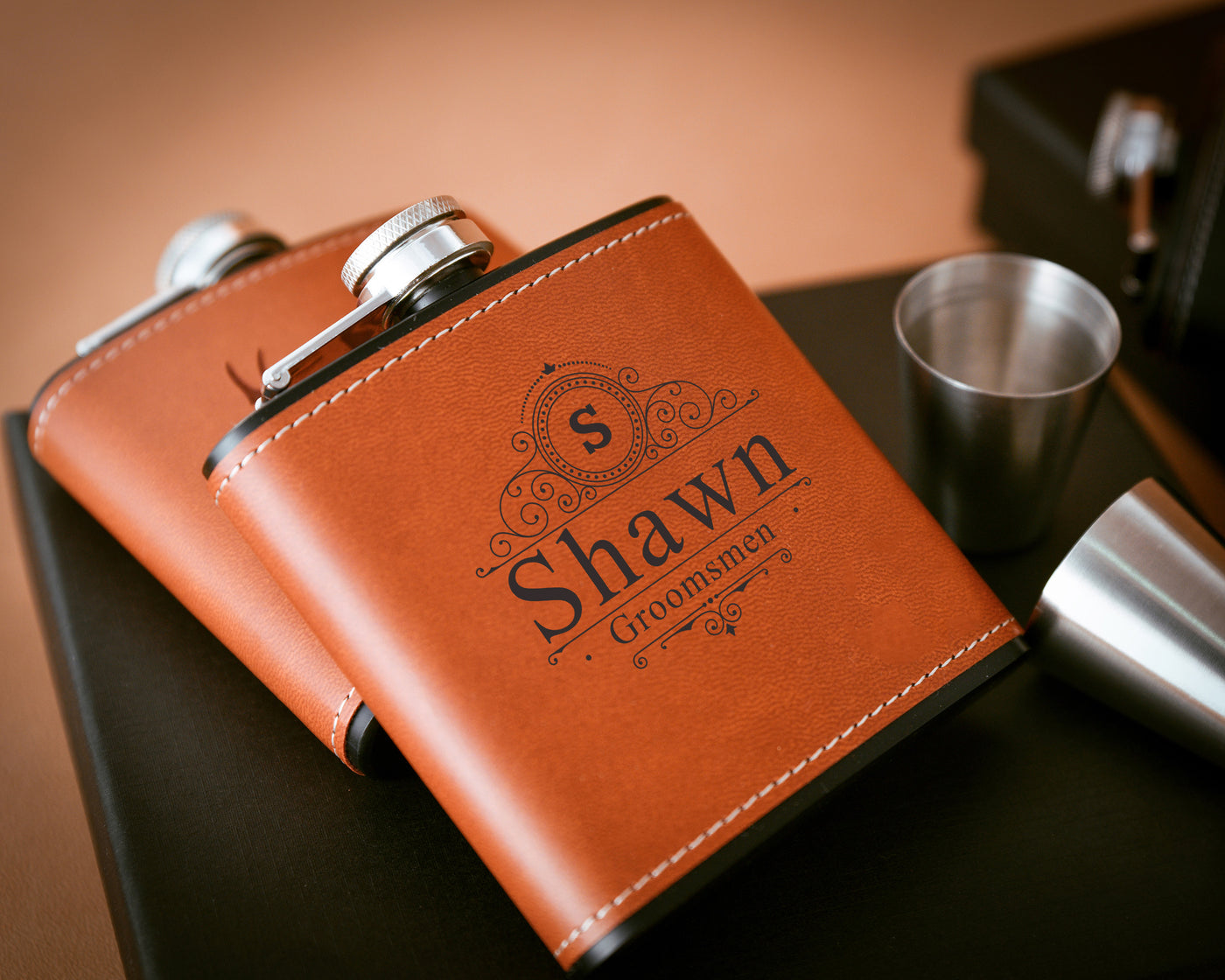 Classic Personalized Leather Stainless Steel Flask Set, Thoughtful Father of the Bride Gift - A Delightful Thank You from the Groomsmen