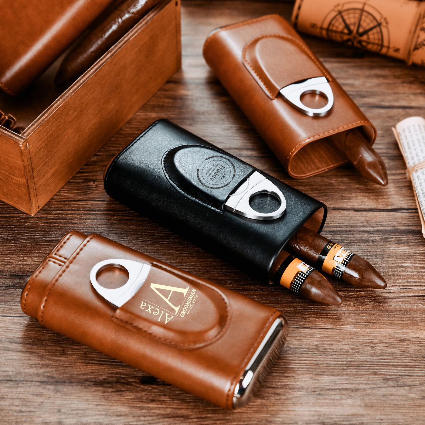 custom leather cigar case, personalized groomsmen gift, wedding gifts, engraved leather cigar case with cigar cutter