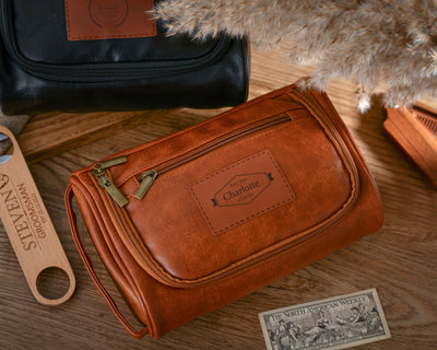 Men's premium leather toiletry bags, personalized groomsmen gifts, customized travel packages