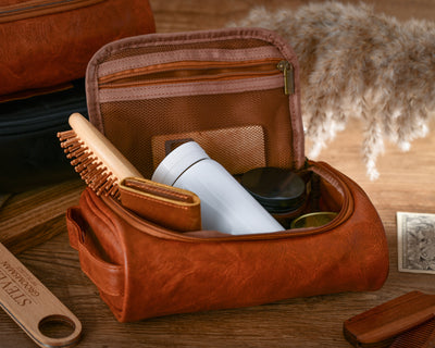 Men's premium leather toiletry bags, personalized groomsmen gifts, customized travel packages