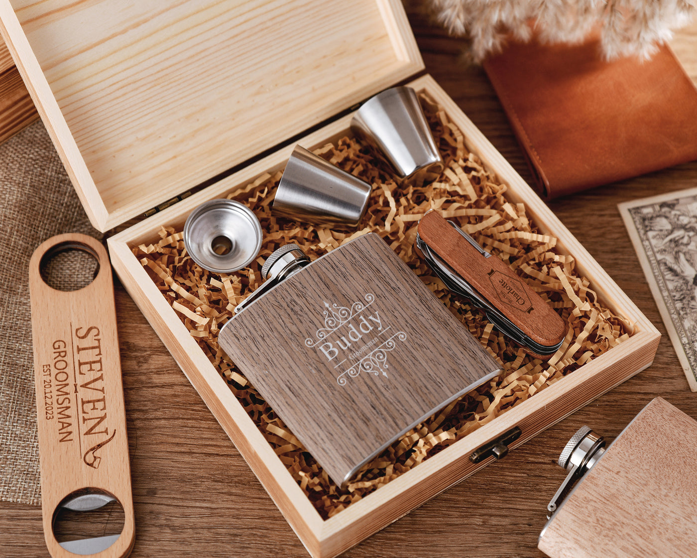 Personalized Wood Flask Gift Set, Engraved Flask, Custom Multi-Tool, Stainless Steel, Groomsmen Gifts, Wedding Party, Father's Day
