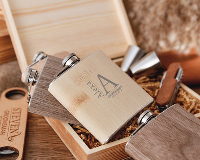 Personalized Wood Flask Gift Set, Engraved Flask, Custom Multi-Tool, Stainless Steel, Groomsmen Gifts, Wedding Party, Father's Day