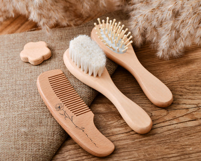 Customizable baby hair care set Soft bristle comb for detangling Soothing massage Organic wooden gift box Birthday celebration