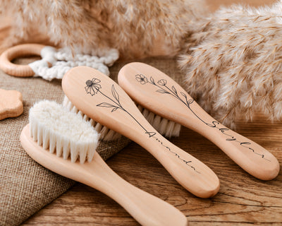 Customizable baby hair care set Soft bristle comb for detangling Soothing massage Organic wooden gift box Birthday celebration